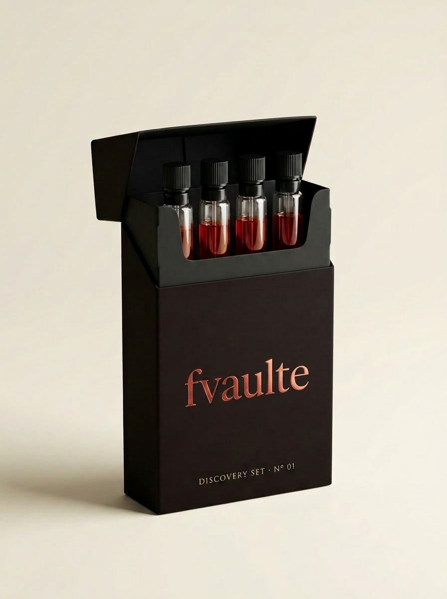 fvaulte matte black discovery set box with perfume sample vials